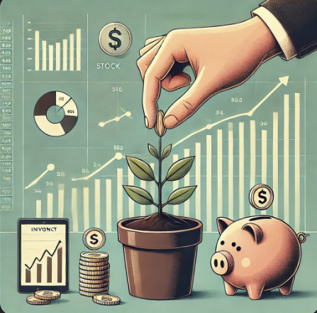 a hand putting a plant into a pot with coins and a piggy bank