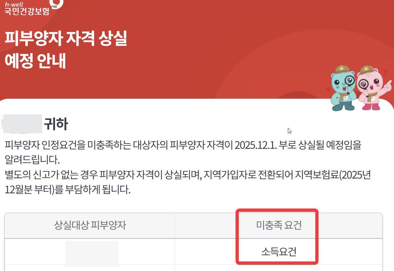 건강보험 피부양자 자격상실 소득요건 안내문