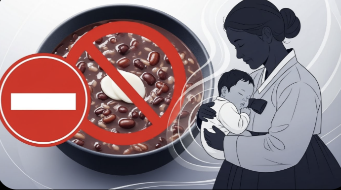 붉은 팥죽 그릇에 금지 표시가 되어 있는 일러스트