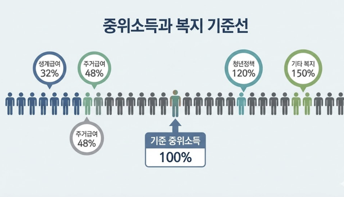 중위소득 100% 개념 및 생계급여 주거급여 청년정책 적용 기준 인포그래픽