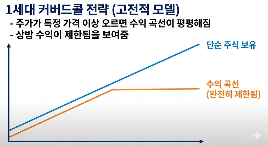1세대 커버드콜의 손익 구조: 주가가 일정 수준 이상 오르면 수익이 제한되는 모습