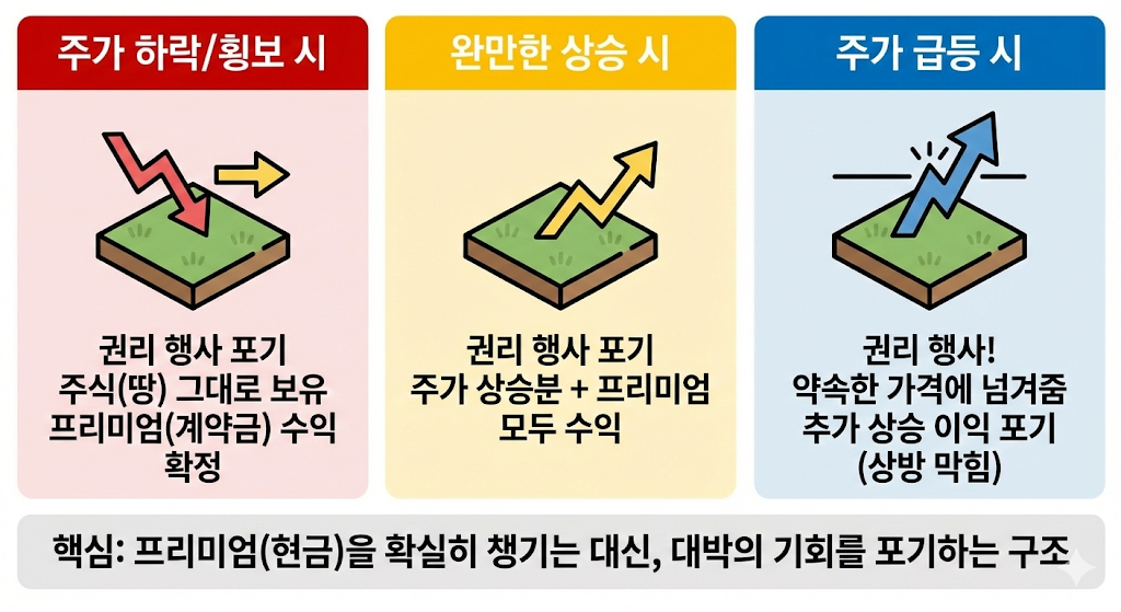 커버드콜의 3가지 시나리오 인포그래픽